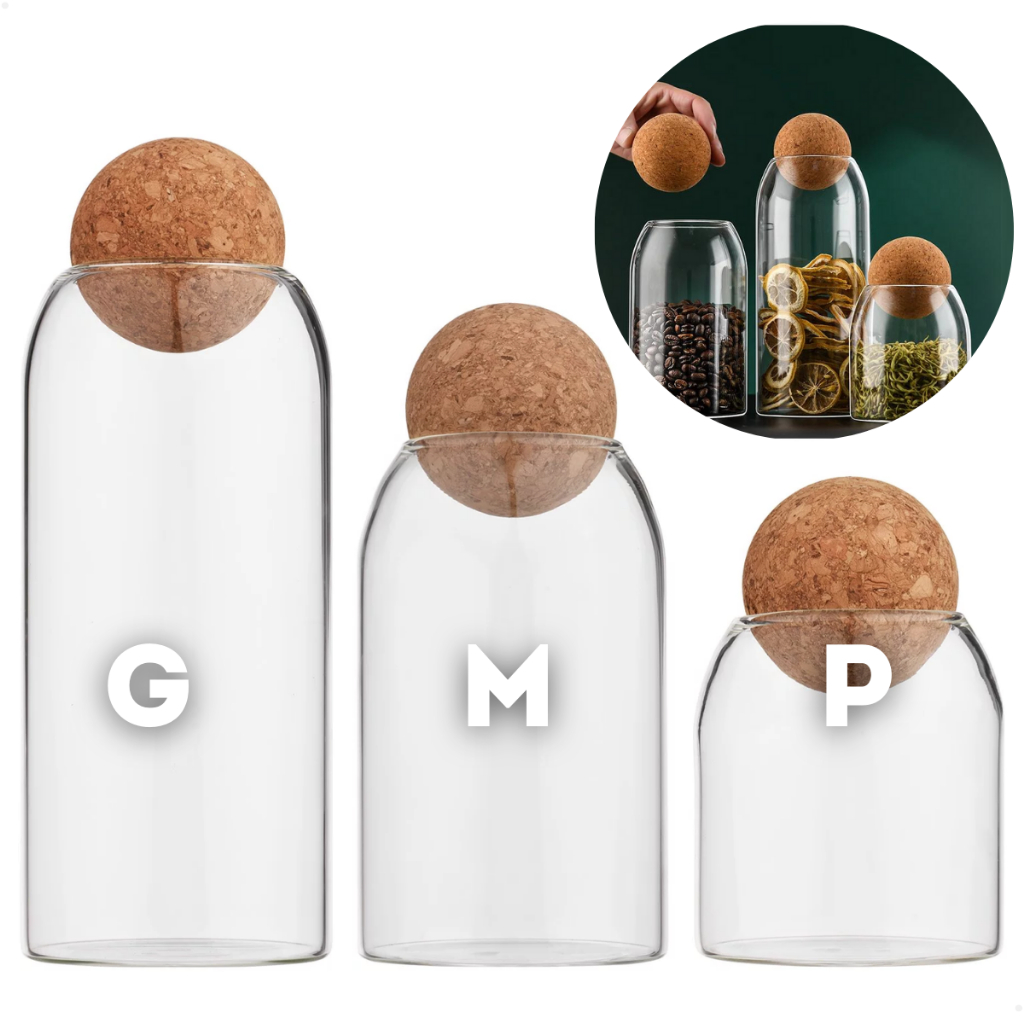 Pote de Vidro Borossilicato Tampa Bola Esfera Cortiça Porta Mantimentos Café Biscoitos Decoração Enfeite Vela Artesanal