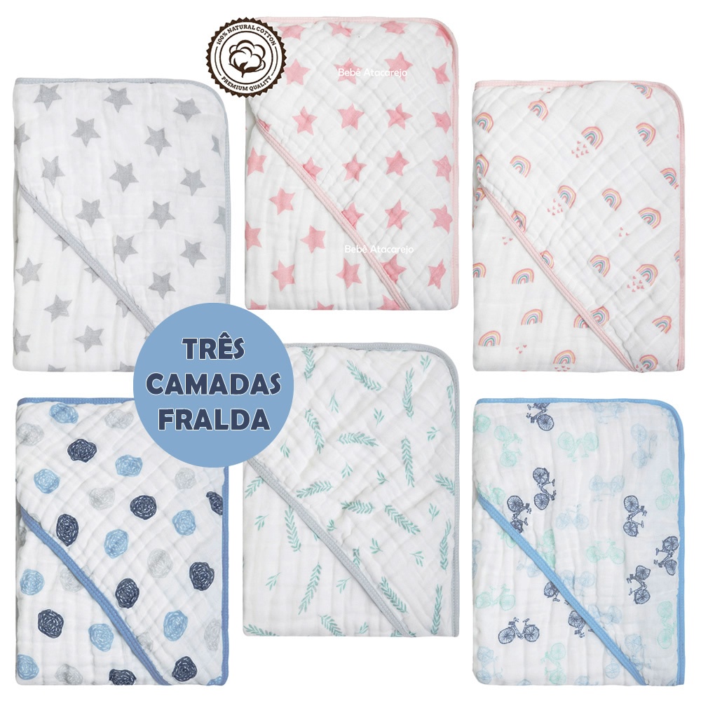 TOALHA FRALDA PAPI SOFT COM CAPUZ BEBÊ RECÉM NASCIDO SUPER LUXO TRIPLA CAMADA DUPLA