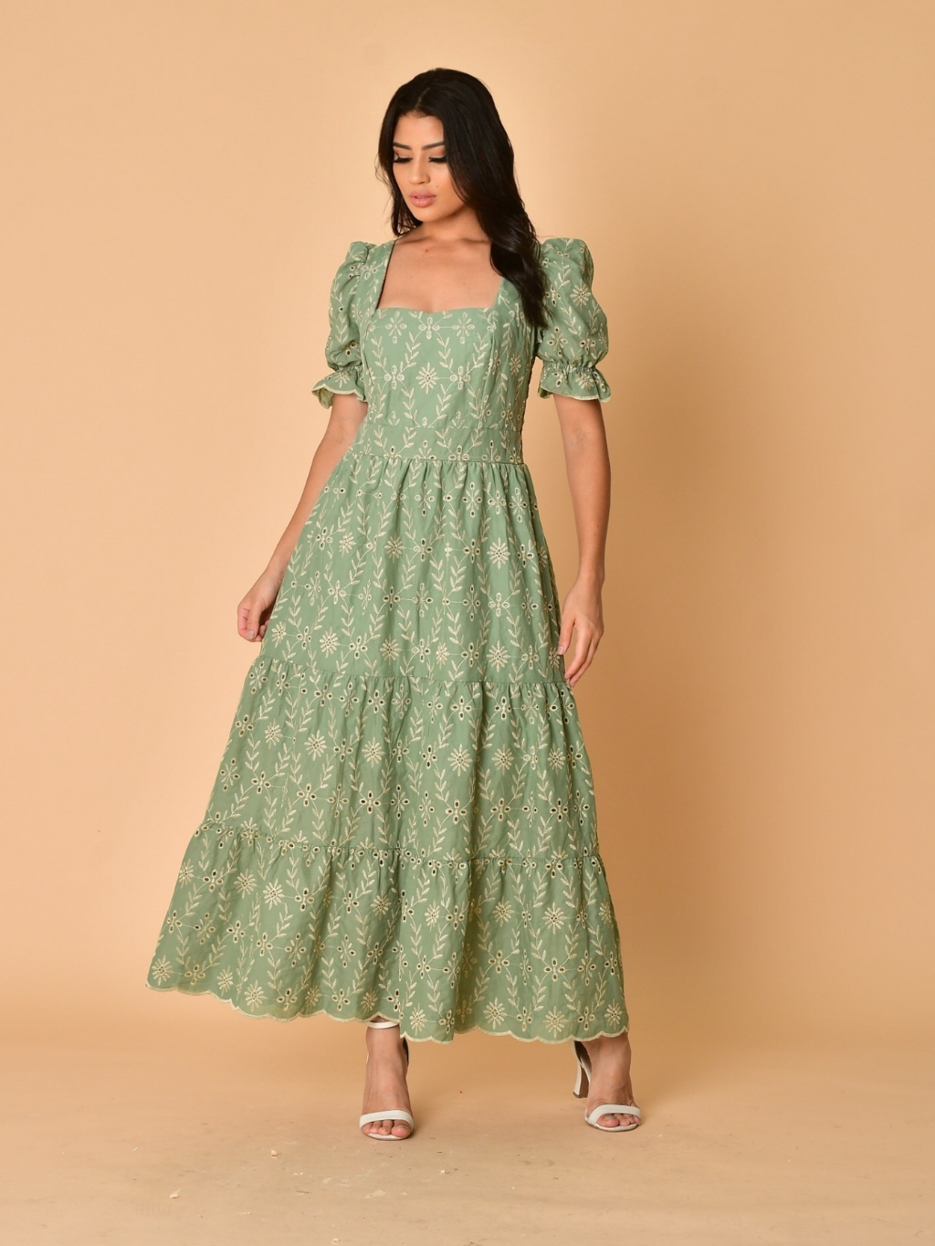 vestido longo luxo lese bordado algodão manga curto