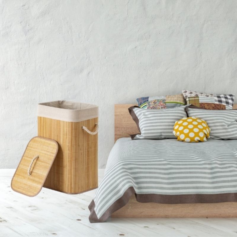 Cesto De Roupa Suja Bambu Dobravel Organizador Forrado Banheiro 57cm Cesto Retangular com Alça Cesto Quarto Banheiro