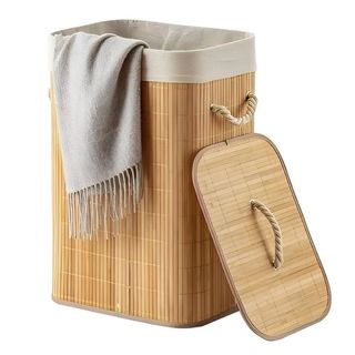 Cesto De Roupa Suja Bambu Dobravel Organizador Forrado Banheiro 57cm Cesto Retangular com Alça Cesto Organizador Brinquedo Quarto Banheiro