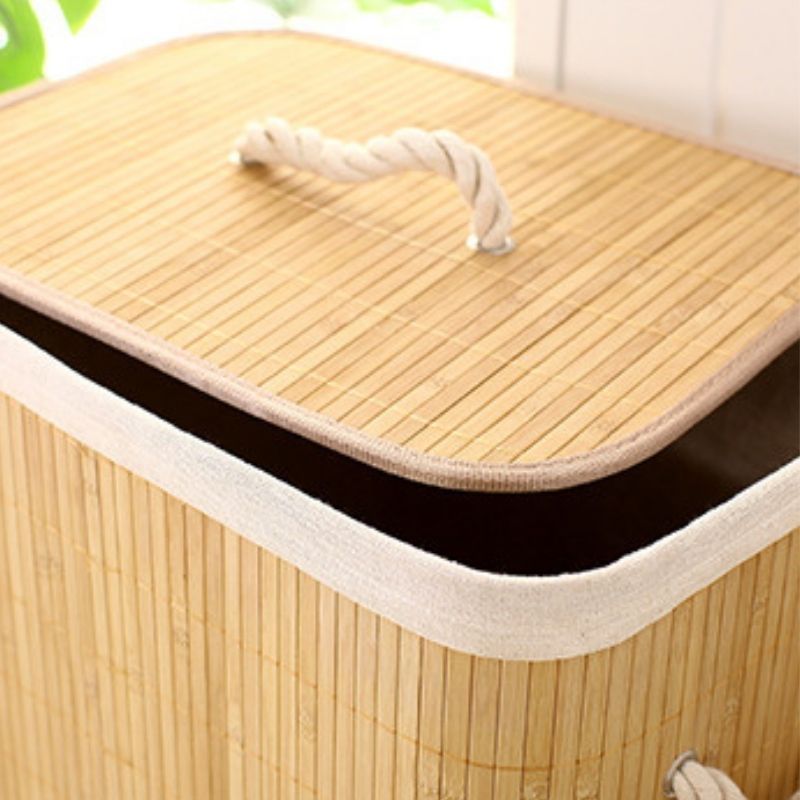 Cesto De Roupa Suja Bambu Dobravel Organizador Forrado Banheiro 57cm Retangular com Alça Cesto Brinquedo Quarto Banheiro