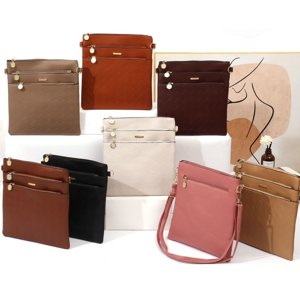 Bolsa Tiracolo Feminina Couro Transversal Com 4 Zíperes e Alça de Ombro Ajustável / Modelos Simple #XQ-9034