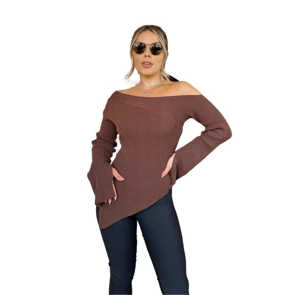 Blusa De Bico Canoa Feminino Tricot Trico Outono Inverno Canoa