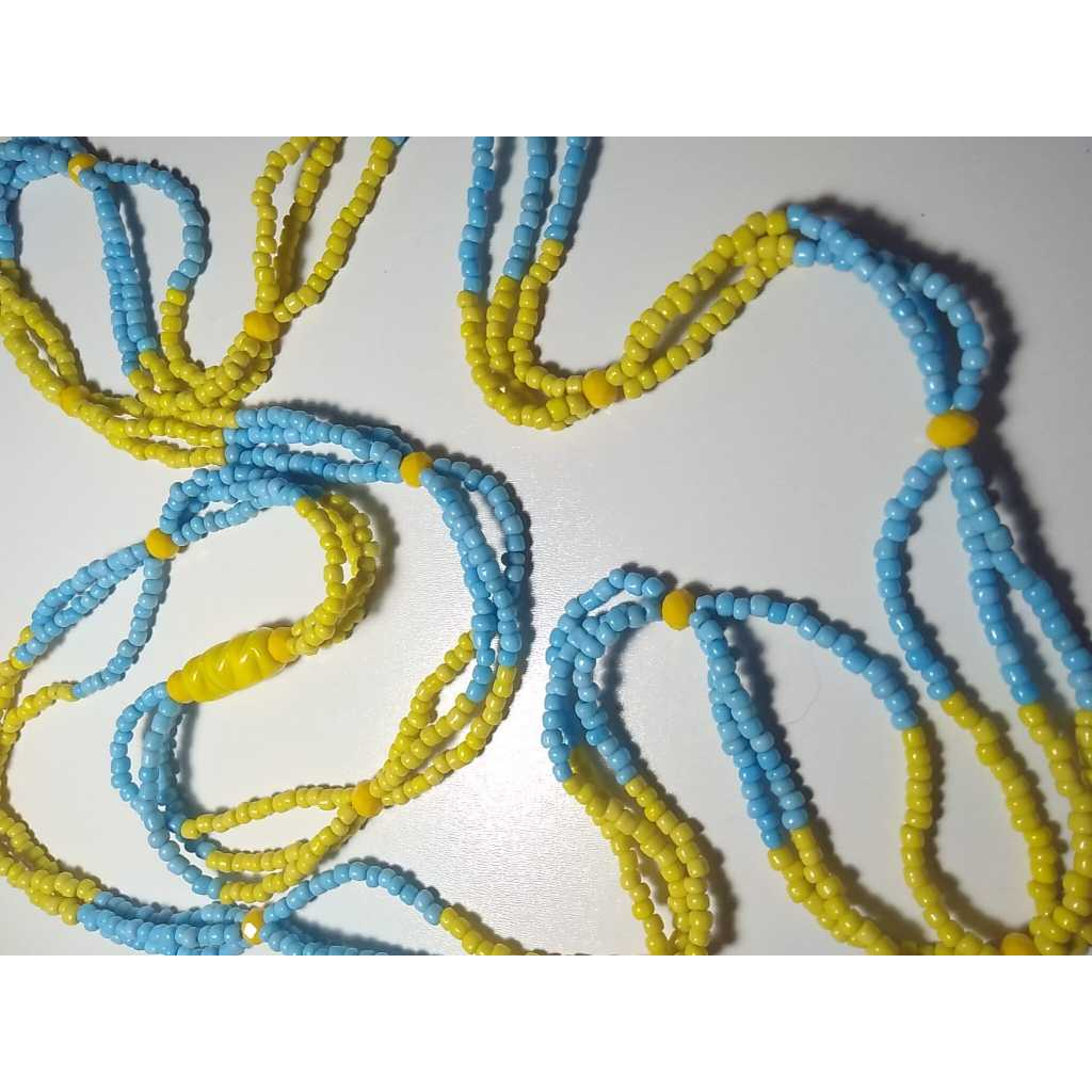 Brajá Guia 3 Fios de Contas Logunedé Logun Edé 70cm Azul Amarelo