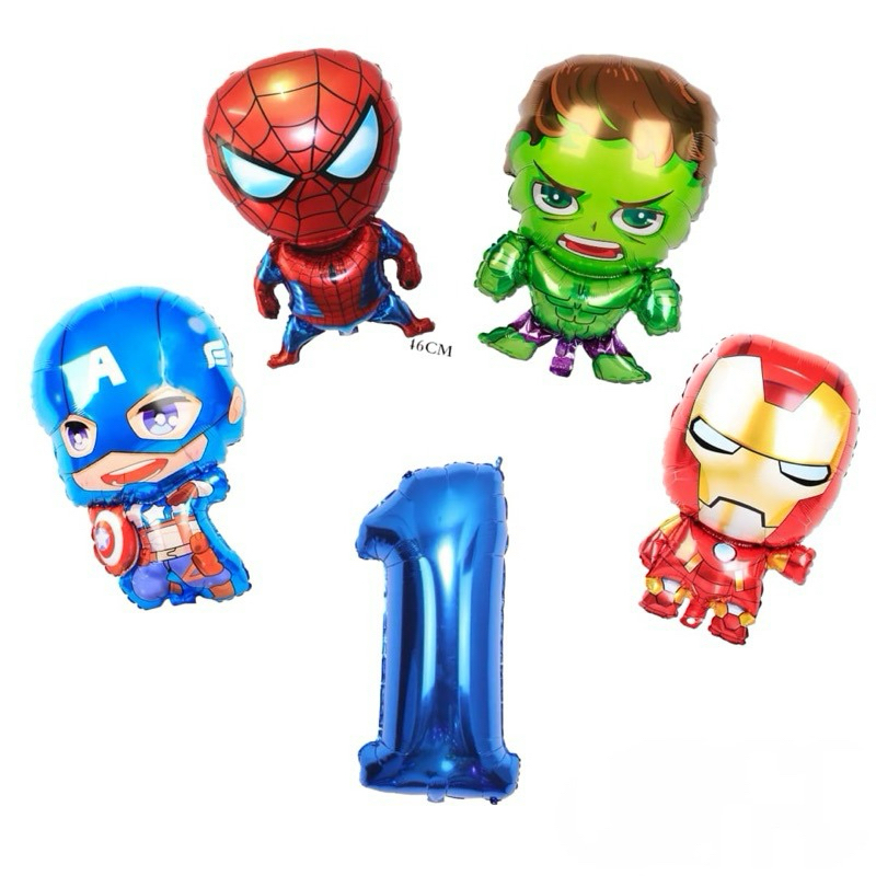 kit C/5 Balões Metalizado Vingadores Homem Aranha/Homem De Ferro/Capitão América/Hulk 70Cm+Numero 40Cm