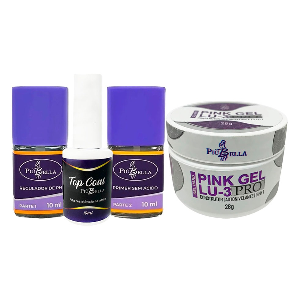 Kit Gel Pink Lu3 Pro 28g + Primer Sem Ácido + Regulador + Top Coat Piu Bella
