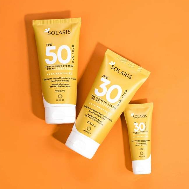 Protetor solar e bronzeador Solaris fps 50 e 30 UVB e UVA creme linha completa para ir a praia sua pele bronzeada