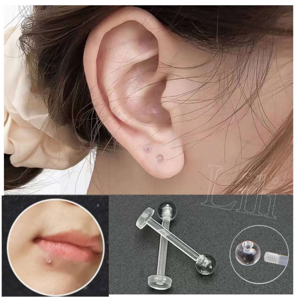 kit 24 uni Piercing Orelha Labret de Silicone Acrílico Transparente 8mm