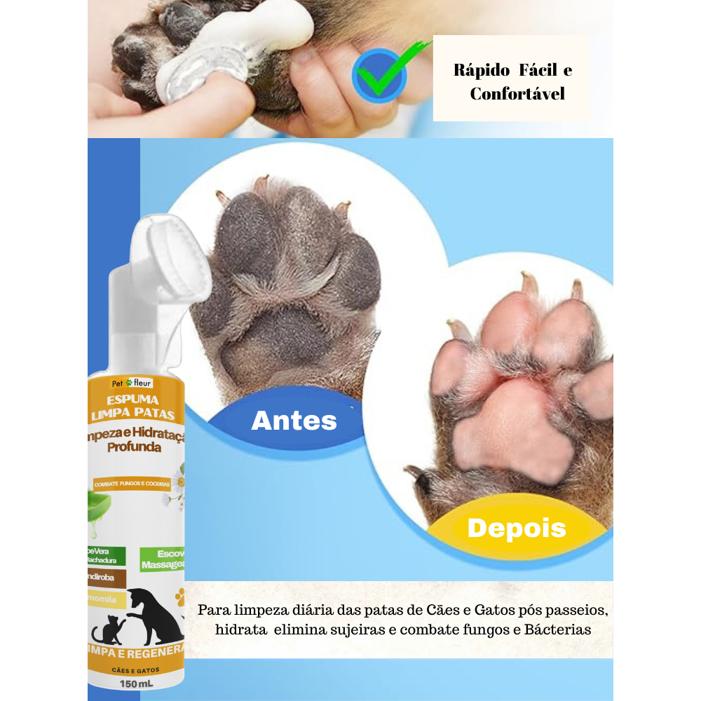 Espuma Limpa Patas Cães e Gatos  função antifúngica com Escova massageadora Óleo de Andiroba Vitamina E
