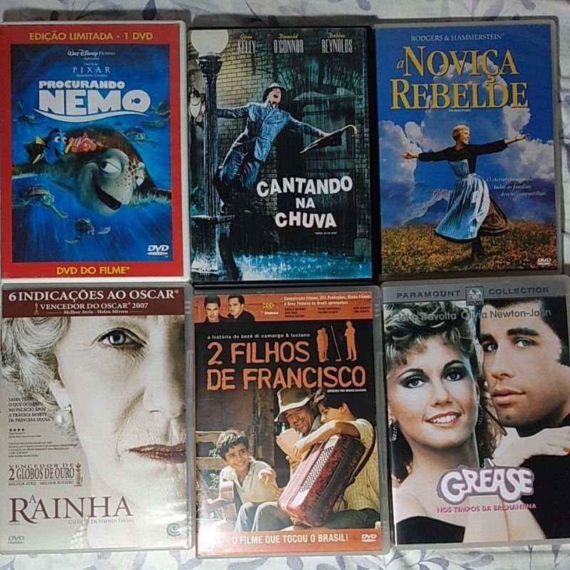 6 DVDs - Procurando Nemo, Grease, A Rainha, Cantando na Chuva, 2 Filhos de Francisco e Noviça Rebelde