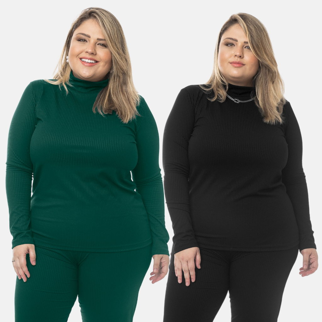 Kit 2 Blusas Canelada  Manga Longa Plus Size Feminina Gola Cacharrel De Inverno Gola Alta