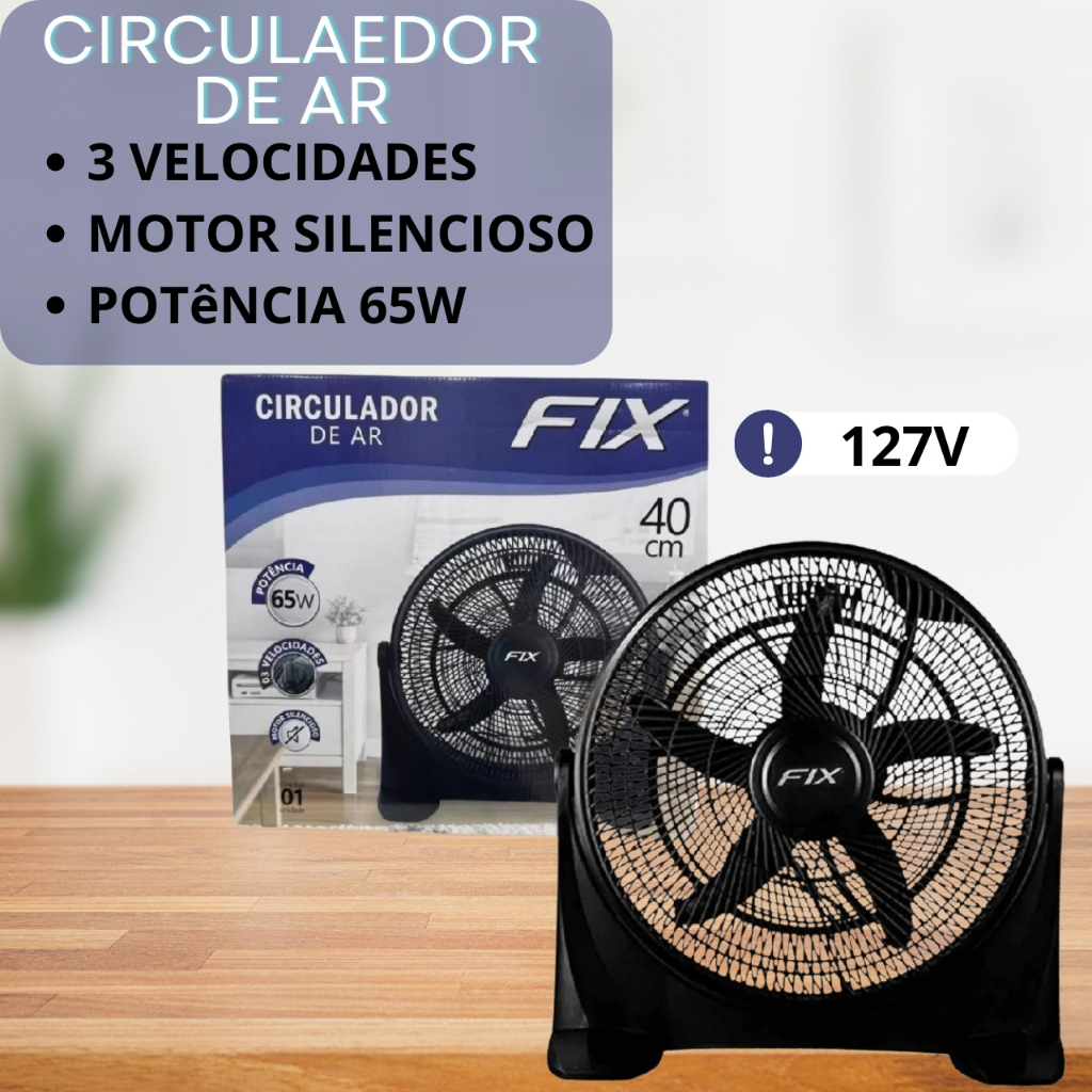 Circulador de Ar Ventilador De Chão 65W 127V Potente Silencioso 3 Velocidades Preto Quarto Sala