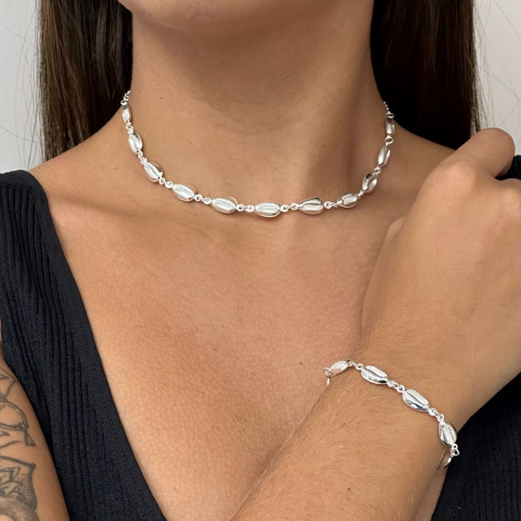 Kit Colar e Pulseira Búzios Concha a Prata 925 Antialérgico