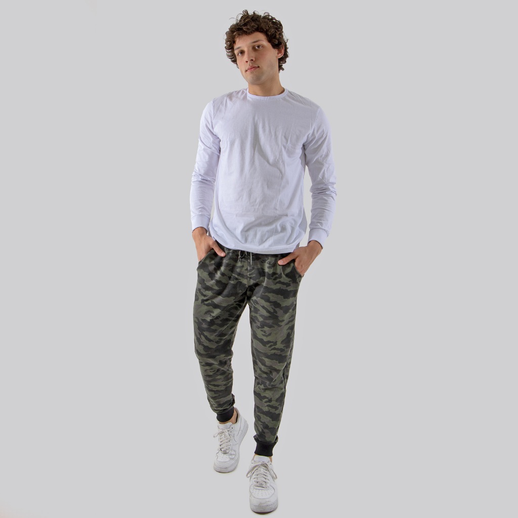 Calça Jogger Camuflada Masculina Moletinho Verde Skynni com Punho Gringa