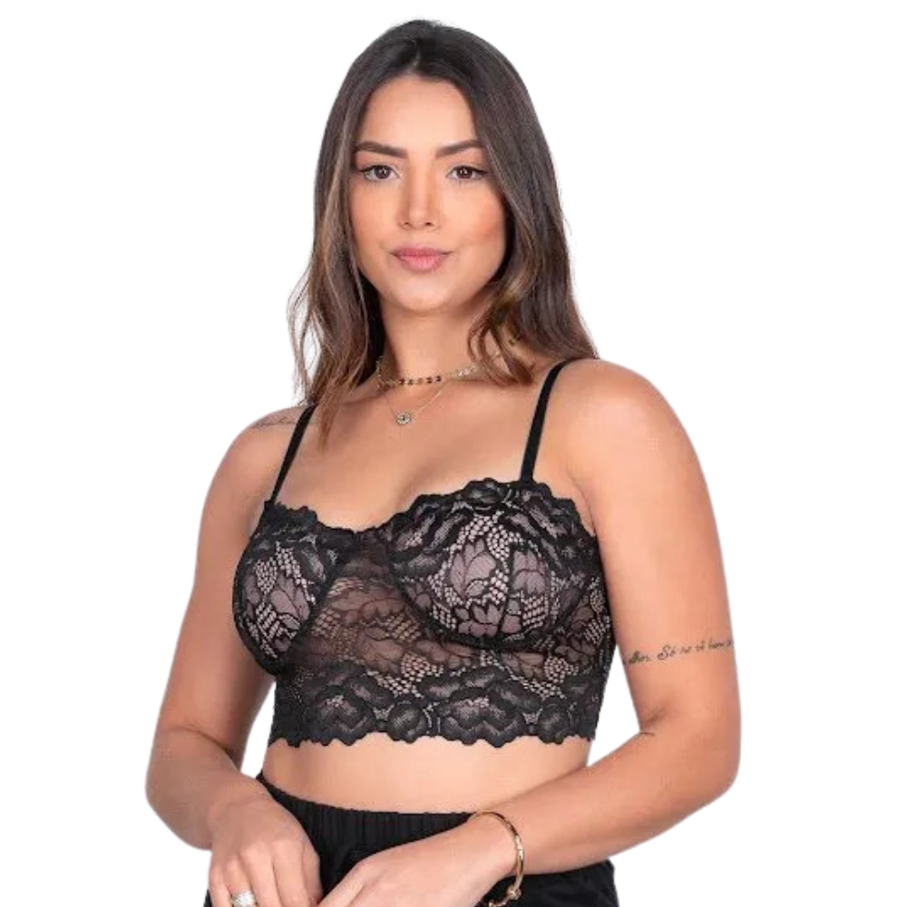 Croped Top Feminino de Renda New York Luxo Meia Taça Bojo Premium Alça Regulável Moda Country