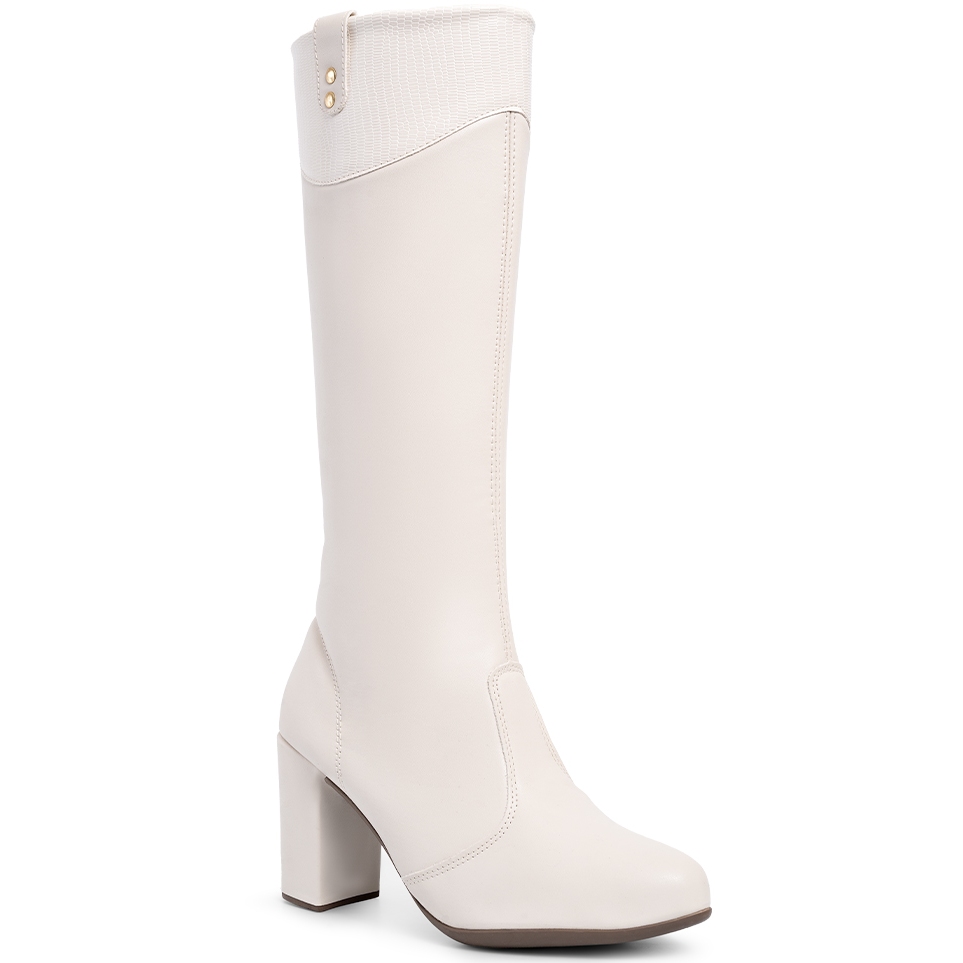 Bota Feminina Lumiss Cano Longo Salto Bloco Confortável Croco Off White