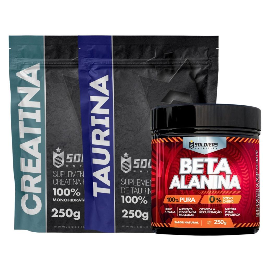 Kit: Beta Alanina 250g + Taurina 250g + Creatina Monohidratada 250g - 100% Pura Importada - Soldiers Nutrition - Health