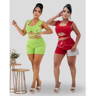 Conjunto Feminino Canelado Short Curto + Top Cropped Modinha Blogueira em Oferta na Shopee