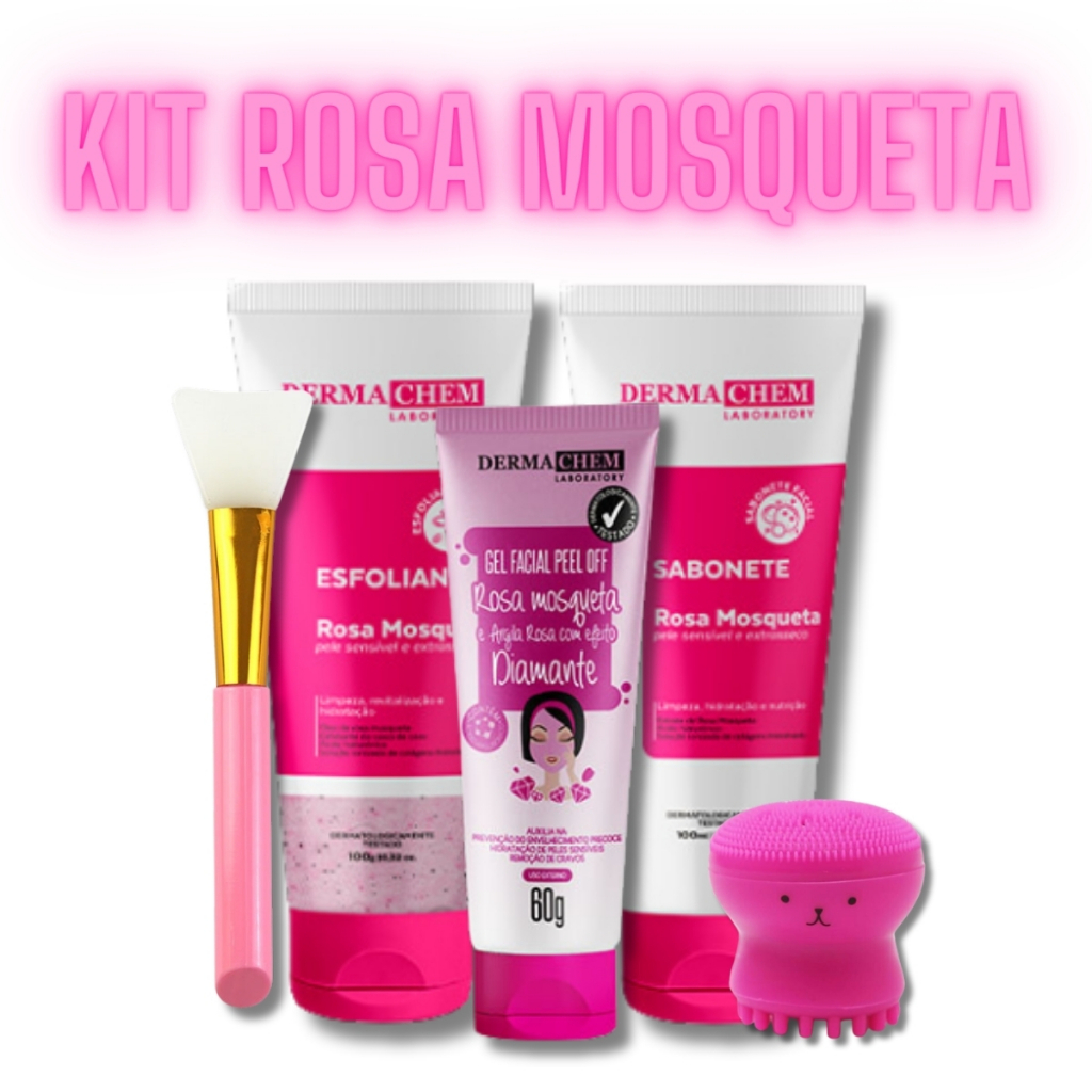 Kit Skincare Rosa Mosqueta Ultra Hidratante Sabonete Esfoliante Máscara Peel Off Argila Rosa Pincel Silicone Aplicador