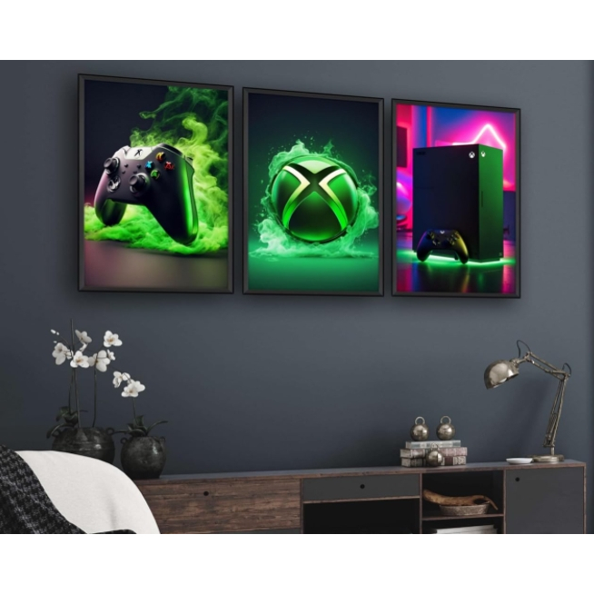 Quadro Decorativo Xbox Series X Flamejante 3 Peças Quarto Gamer Sala Console Video Game Decoração