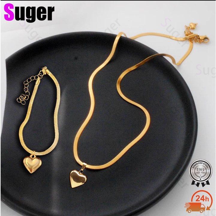 Conjunto necklace Colar e Pulseira De Pingente De Coração De Aço Inoxidável Para Mulheres, Gargantilha Banhada A Ouro, Jóias Da Moda, Presentes Para Namorada