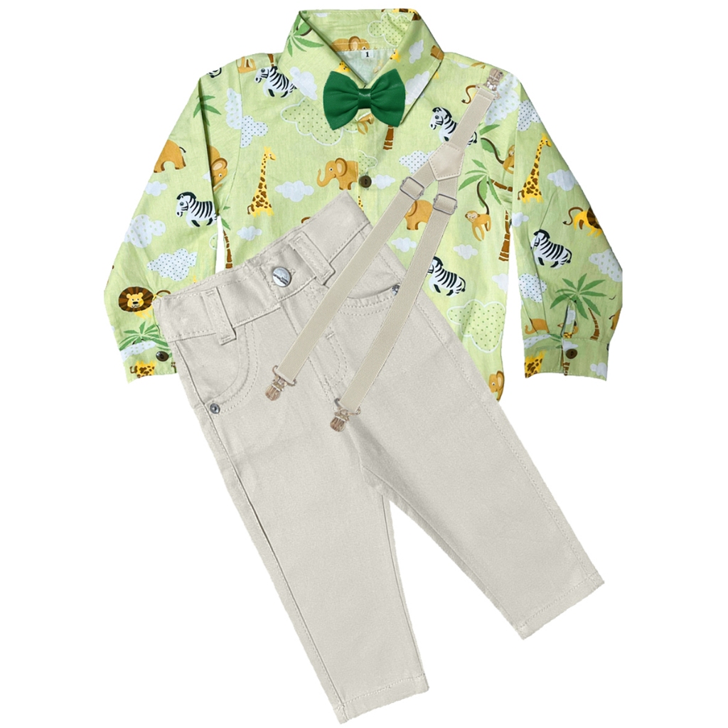 Roupa Safari Menino Camisa Calça Suspensório Gravata Aniversário Infantil Temático