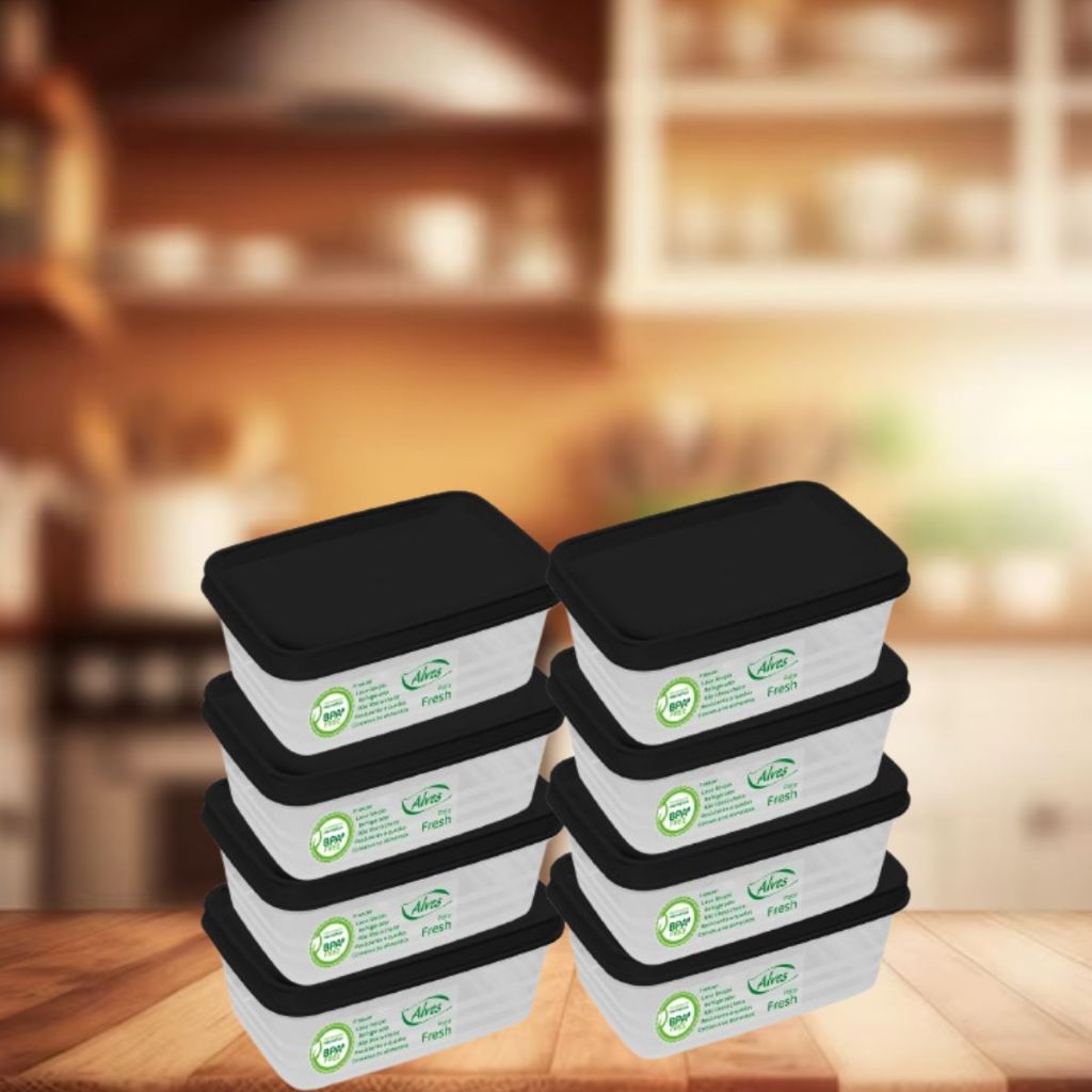 Kit 8 Potes Herméticos 500ml Tampa Preta Empilhável Quadrado Arroz Feijão Conserva Alimento Freezer Geladeira Lava-Louça