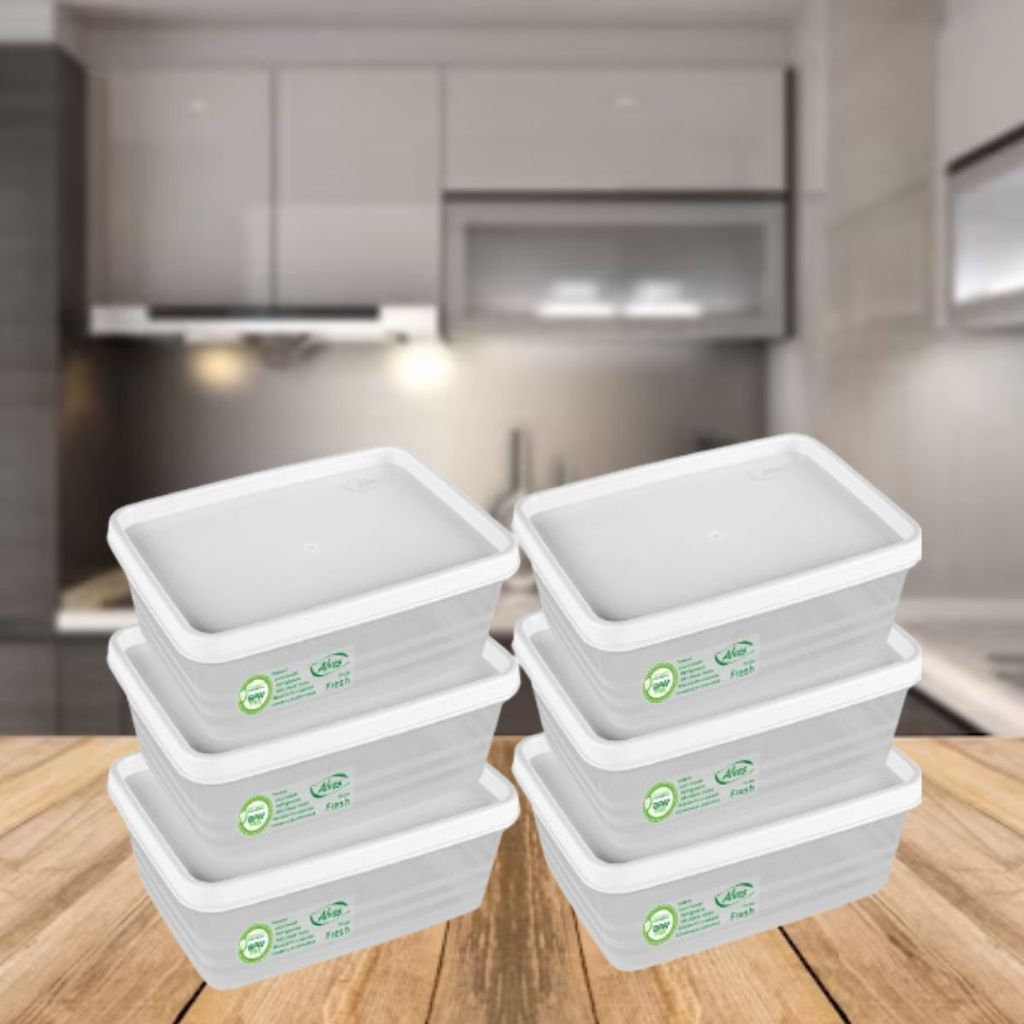 Jogo 6 Potes Retangular Herméticos 500ml Tampa Branca Quadrado Empilhável Arroz Feijão Conserva Alimento Lava-Louça