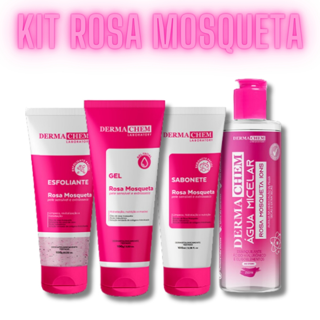 Kit Skincare Rosa Mosqueta Pele Secas e Extra Secas Sabonete Esfoliante Gel Hidratante Água Micelar Demaquilante