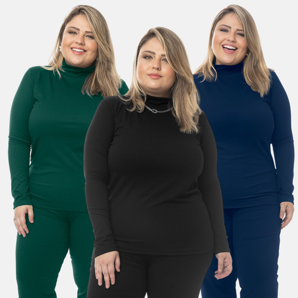 Kit 3 Cacharrel Plus Size Feminina Blusa Gola Alta Canelada Inverno 1209-K3
