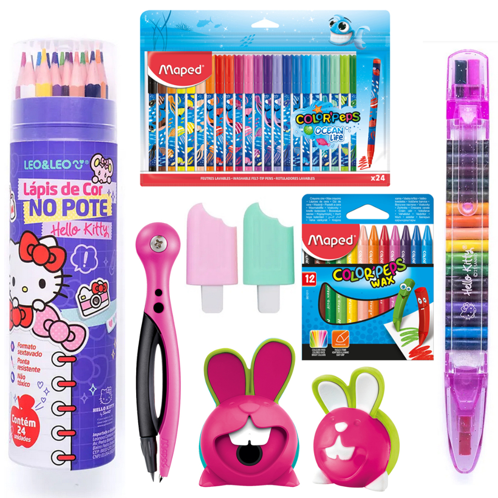 Kit Material Escolar Infantil Canetinha + Marca Texto + Giz de cera Troca Ponta - Leo e Leo Maped