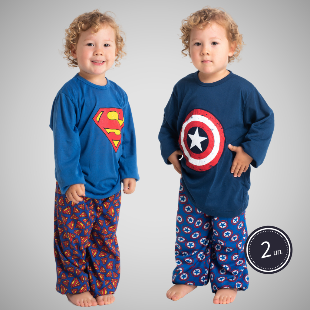 Kit 2 Pijama Infantil Super Herói Calça Manga Comprida Festa Do Pijama Filho Masculino Frio Poliéster Linha Noite 327