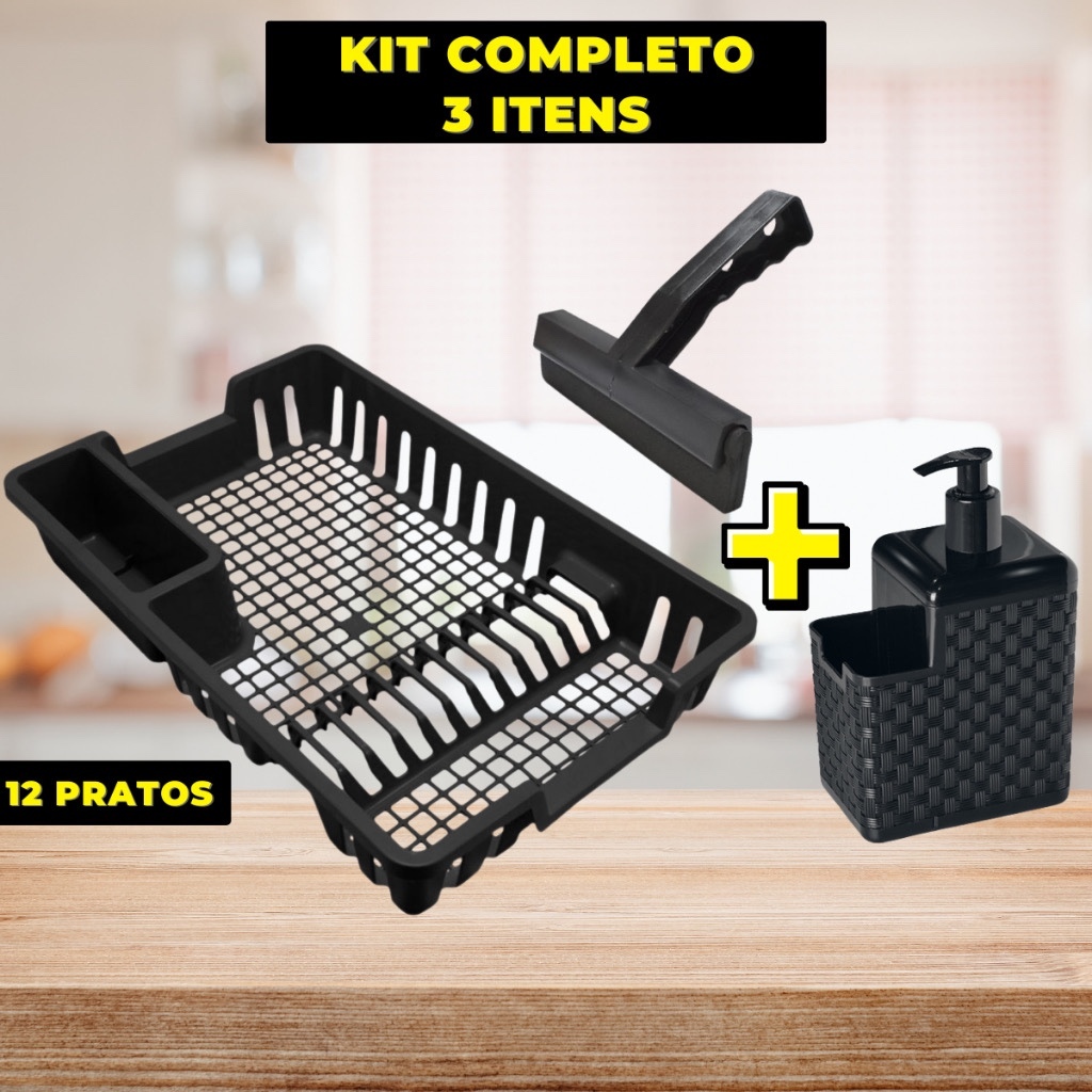 Escorredor de Louça 48cm com Rodinho e Porta Detergente Kit Preto