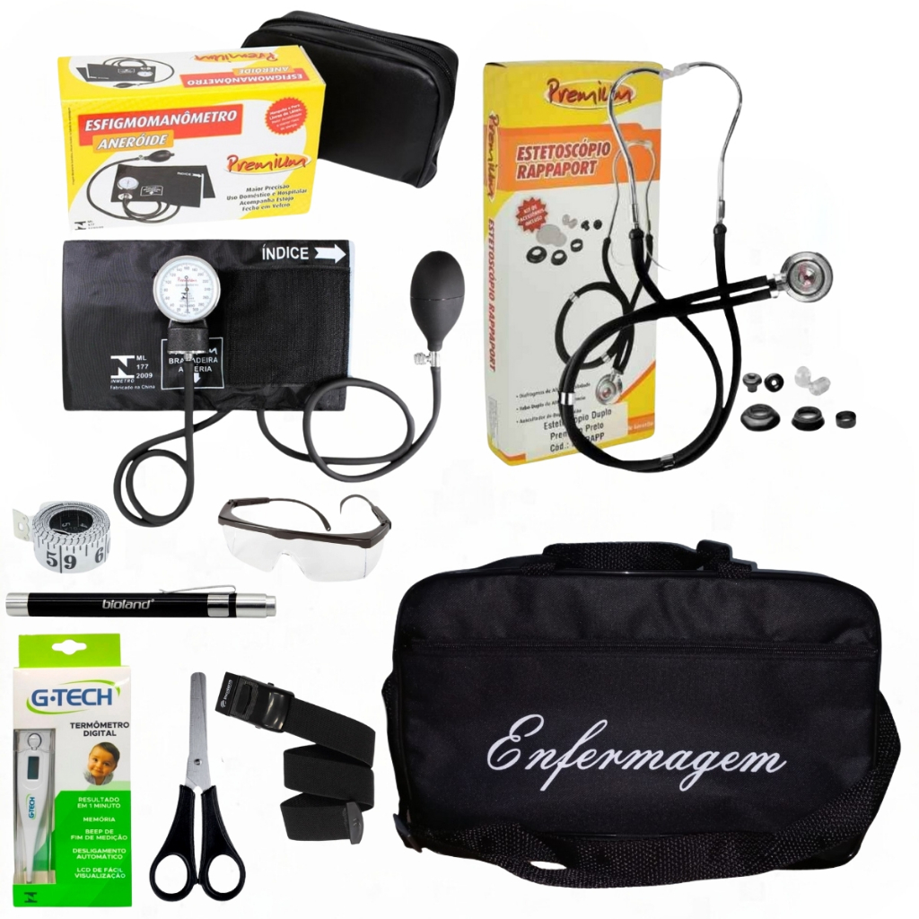 Kit De Enfermagem Preto Premium Mais Vendido Com Esfigmo E Esteto Duplo
