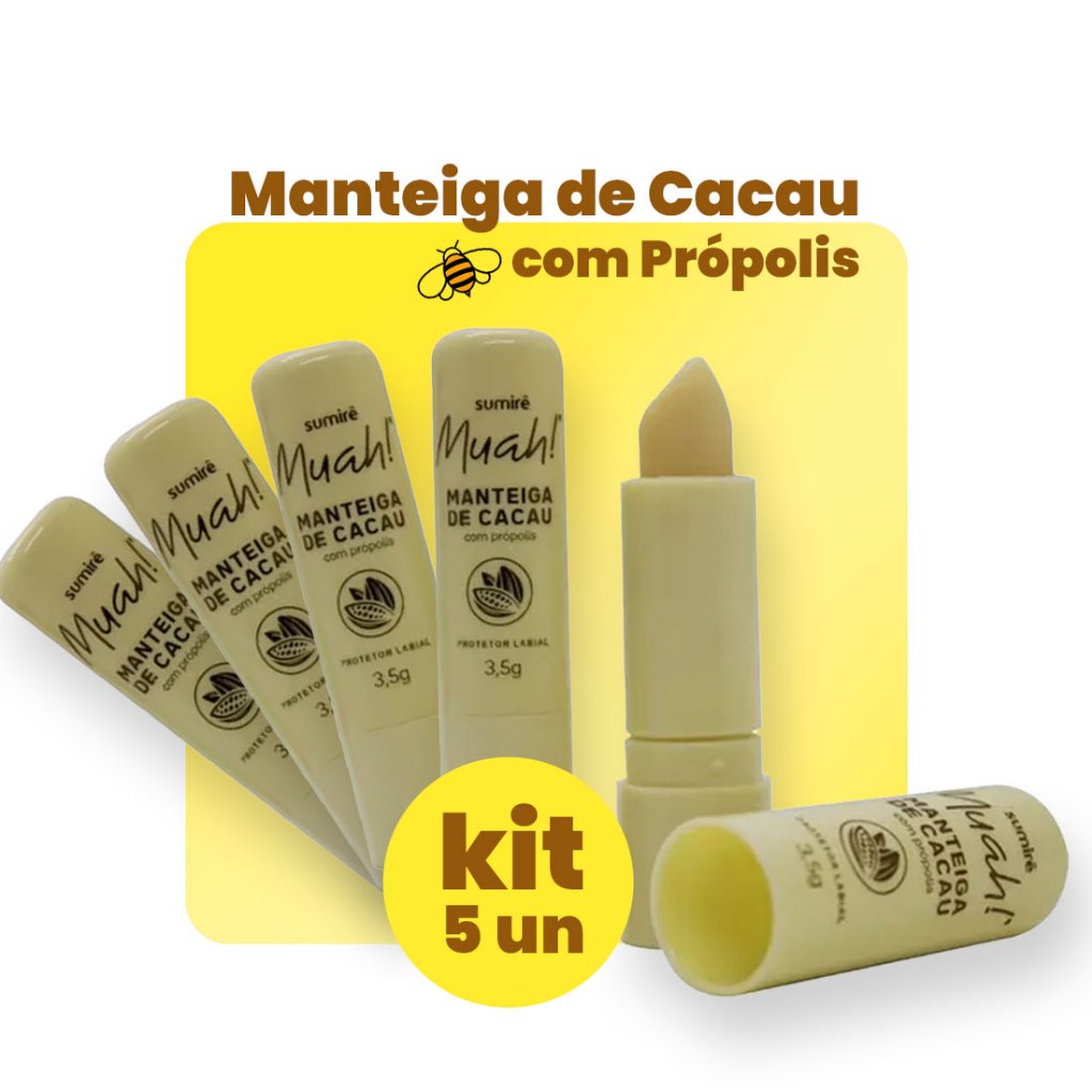 Kit Manteiga de Cacau Muah!® com Própolis: Hidratação e Proteção para seus Lábios (05 unidades) em Oferta na Shopee