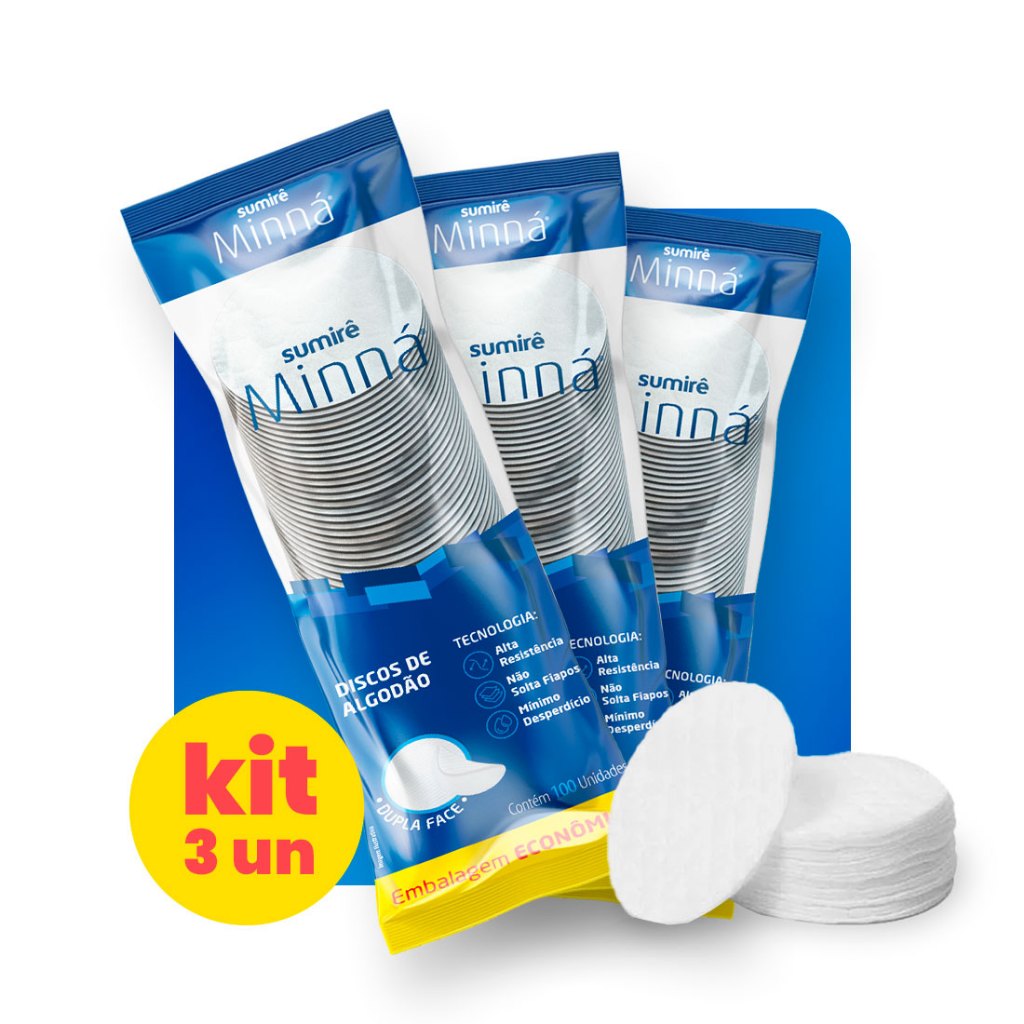 Algodão Minná Discos Pacote com 100 unidades cada kit 3 unidades 300 discos - Algodão de Limpeza Facial - Beauty