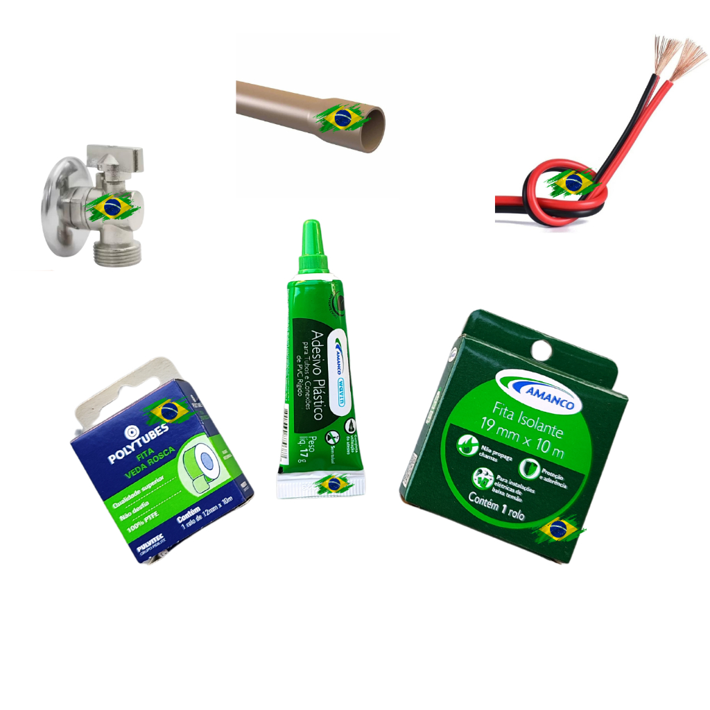 Kit básico hidráulica e elétrica para caixa de ferramentas uso cola pvc cano d"água fita isolante e veda rosca