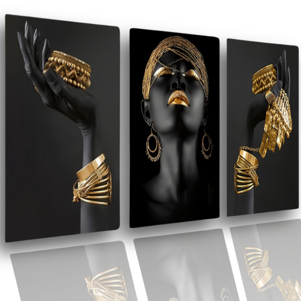 Quadros Decorativos Mulheres Negras Africanas Dourada Arte Moderna Sala Escritório