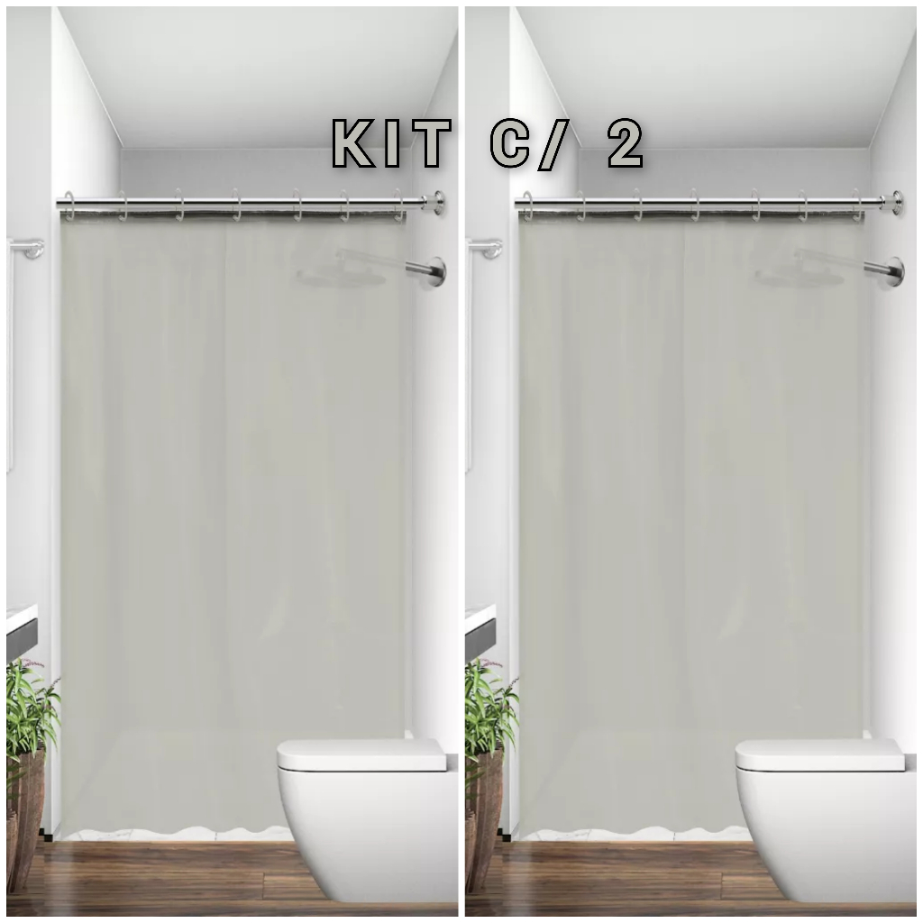 KIT 2 Cortina para Box de Banheiro Tecido Poliéster Bege Lavável com Ganchos 1,38m x 1,98m Antimofo