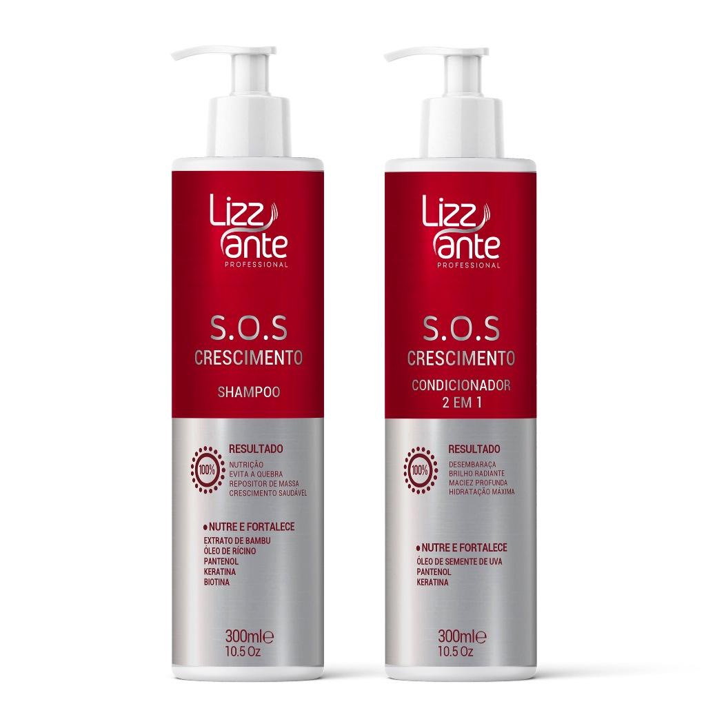 Shampoo e Condicionador 2 em 1 SOS Crescimento 300ml Fortalecimento Combate a Queda de Cabelo Hidratação Brilho e Maciez Anti-frizz Creme de Pentear Desembaraça os Fios Lizz ante Professional