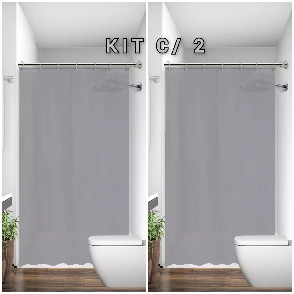 KIT 2 Cortina para Box de Banheiro Tecido Poliéster Lavável com Ganchos 1,38mx1,98m Curtina Antimofo