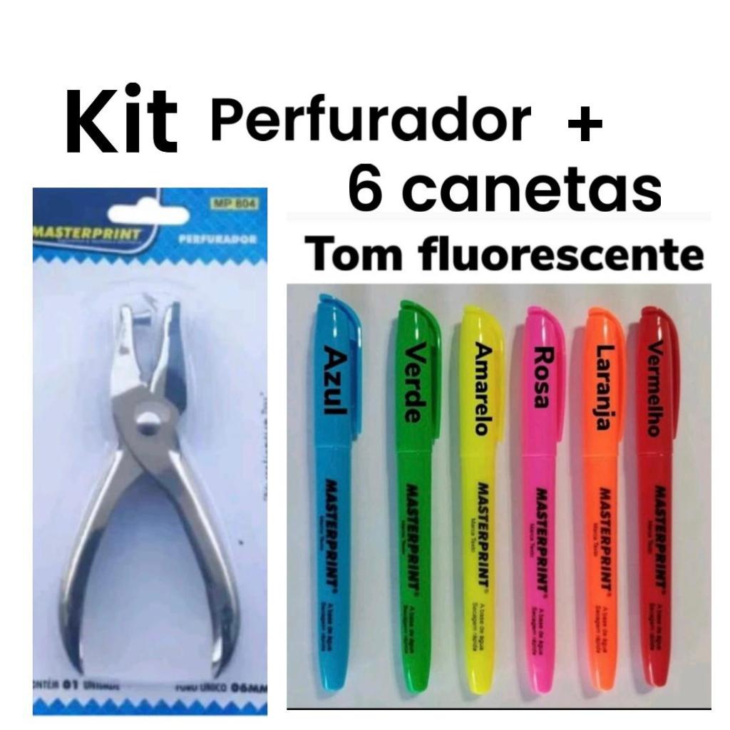 kit 6 Caneta Marca Texto Neon +1 Alicate Perfurador Furrador de Papel 1 Furo