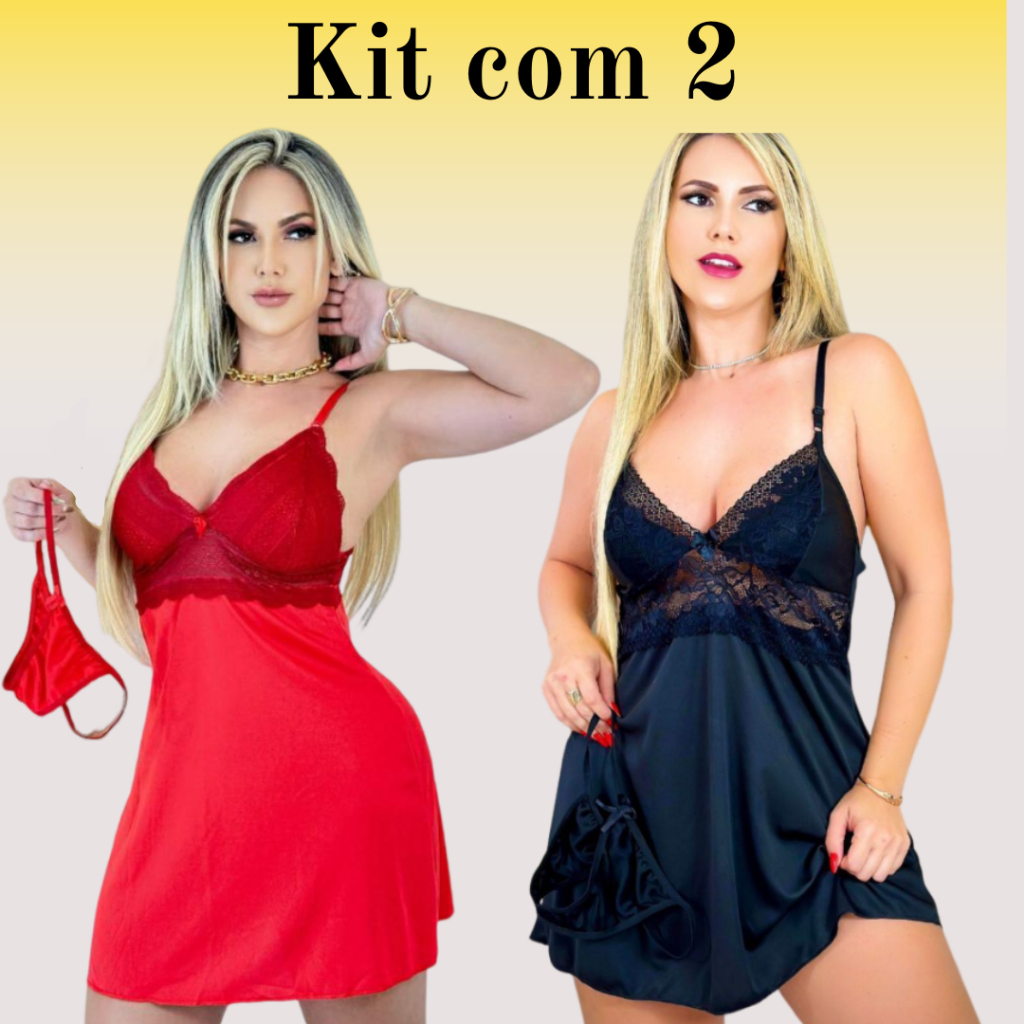 Kit 2 Camisolas De Renda Pijama Baby Doll Luxo Sensual com Calcinha Fio Dental Roupa para Dormir