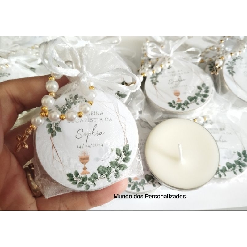 10 velinhas perfumadas Luxo com mini terço lembrancinha de Primeira Eucaristia