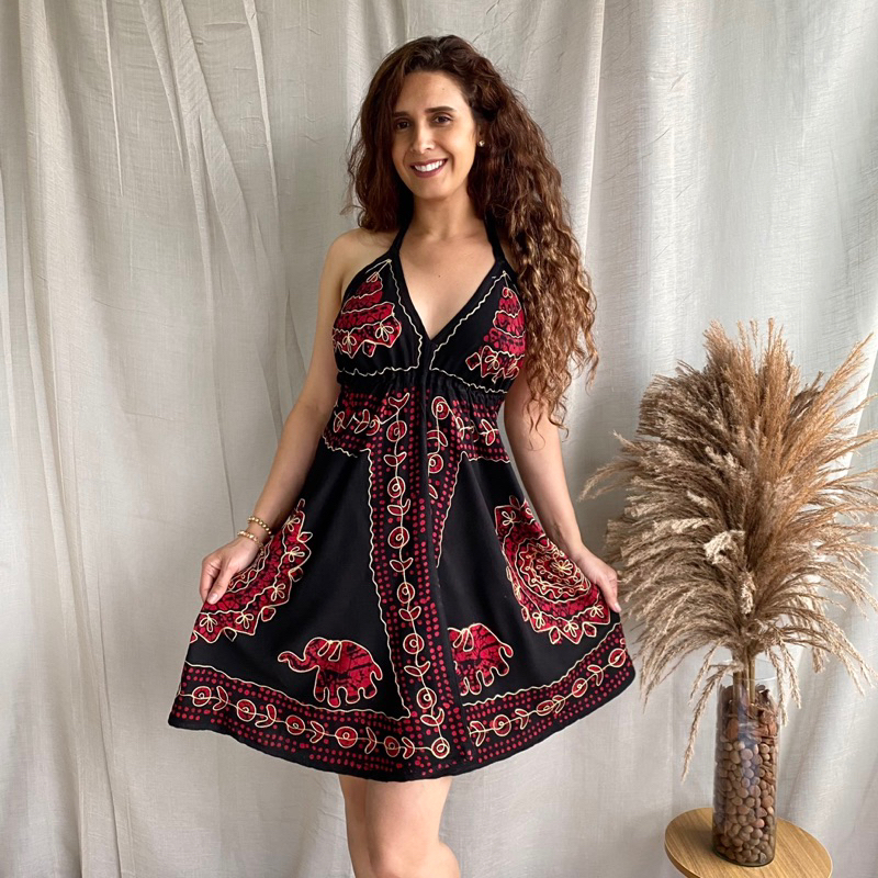 Vestido Indiano Bordado Batik Curto Moda Indiana Feminina Frente Unica Ajustavel