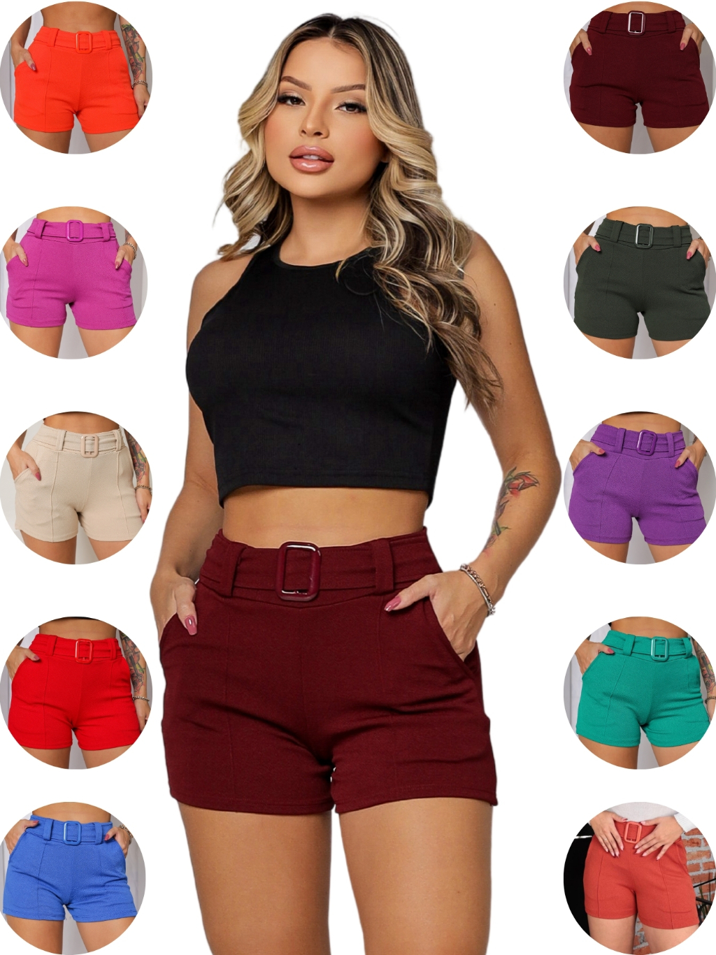 Short Feminino Cinto Fivela Bermuda Crepe Bolso Shortinho Curto Social Cintura Alta Básico Elastano em Oferta na Shopee