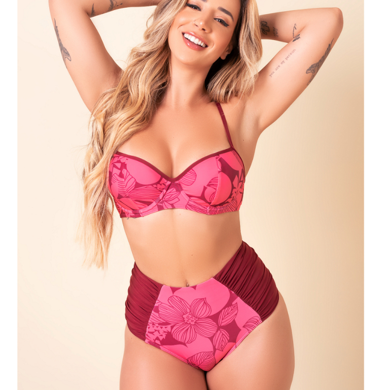 Conjunto Feminino Moda Praia Biquíni Top Paola Sem Bojo e Com Aro e Calça HotPants Cintura Alta Drapeado Lateral