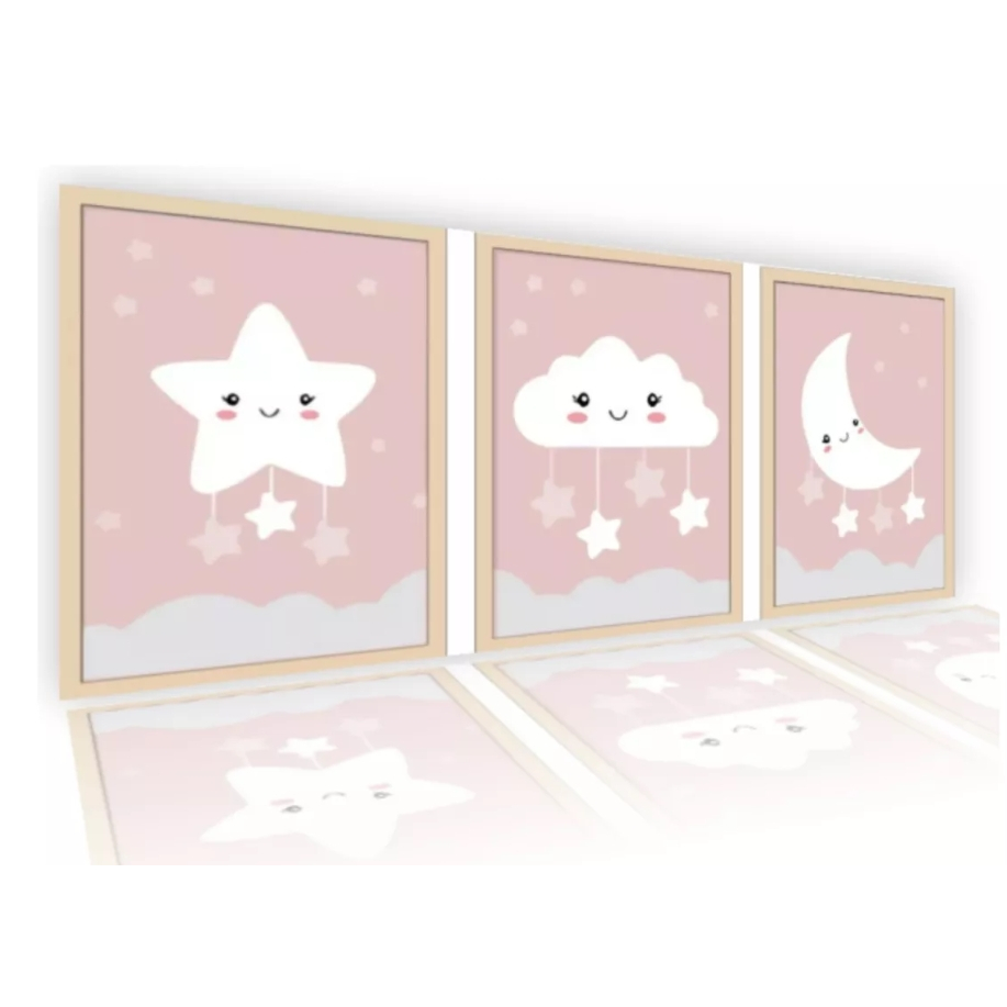 Quadro decorativo estrela nuvem e lua fofinhos crianças infantil 3 peças sala quarto cozinha e escritorio decoraçao