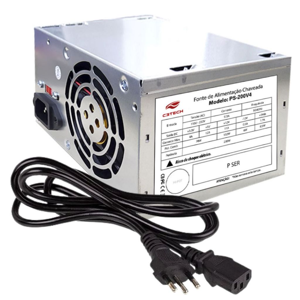 Fonte de Alimentação para Pc 200w Potência Real Atx 24 Pinos Bivolt 127v 220v com Cabo de Força 2P+T